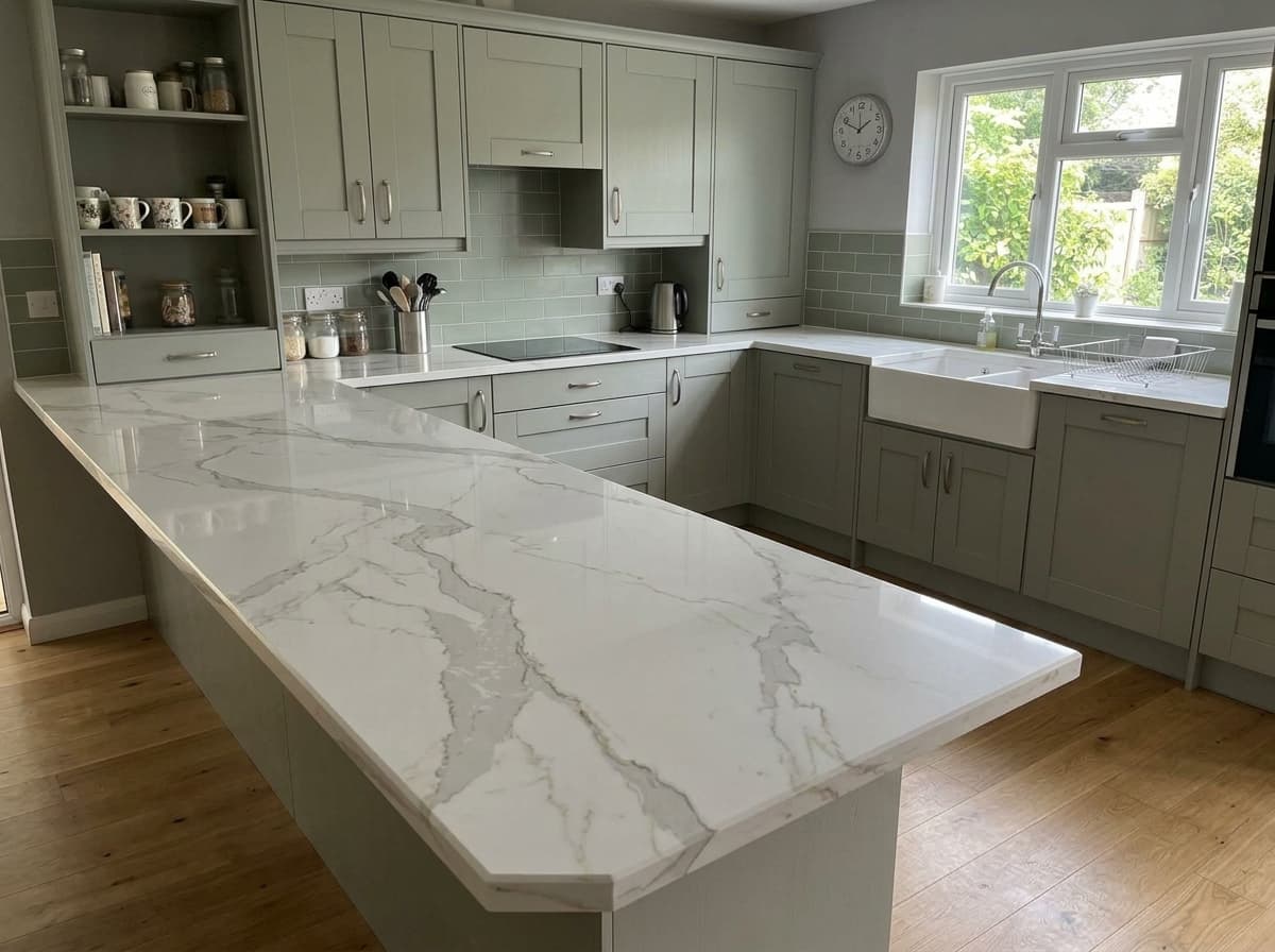 The same kitchen visualised with luxury Calacatta Statuario marble quartz stone worktop